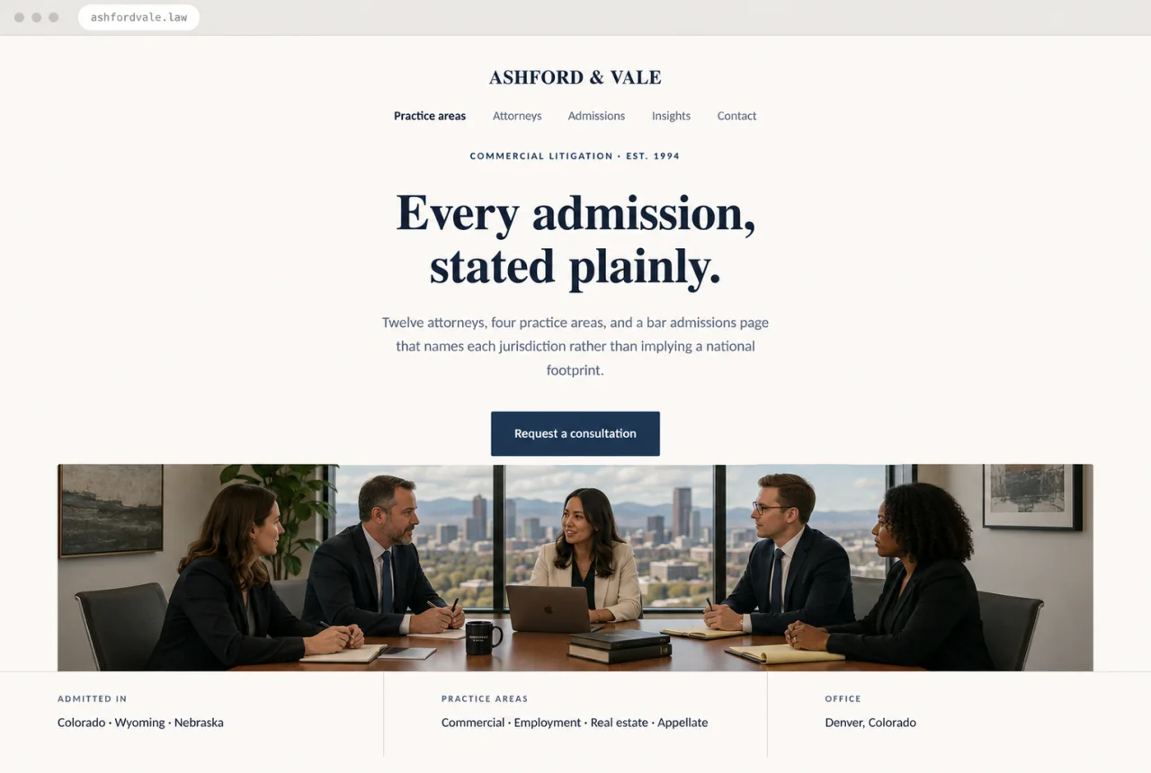 Design mockup of a law firm website with five attorneys meeting in a Denver office, the headline “Every admission, stated plainly”, and visible jurisdictions and practice areas.