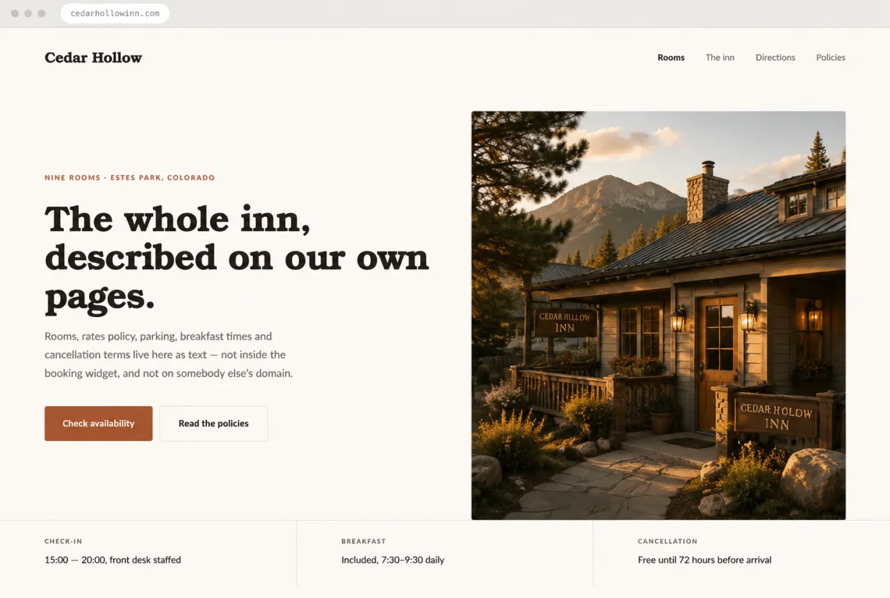 Design mockup of a country inn website with a Colorado mountain inn at golden hour, the headline “The whole inn, described on our own pages”, and visible check-in and cancellation details.