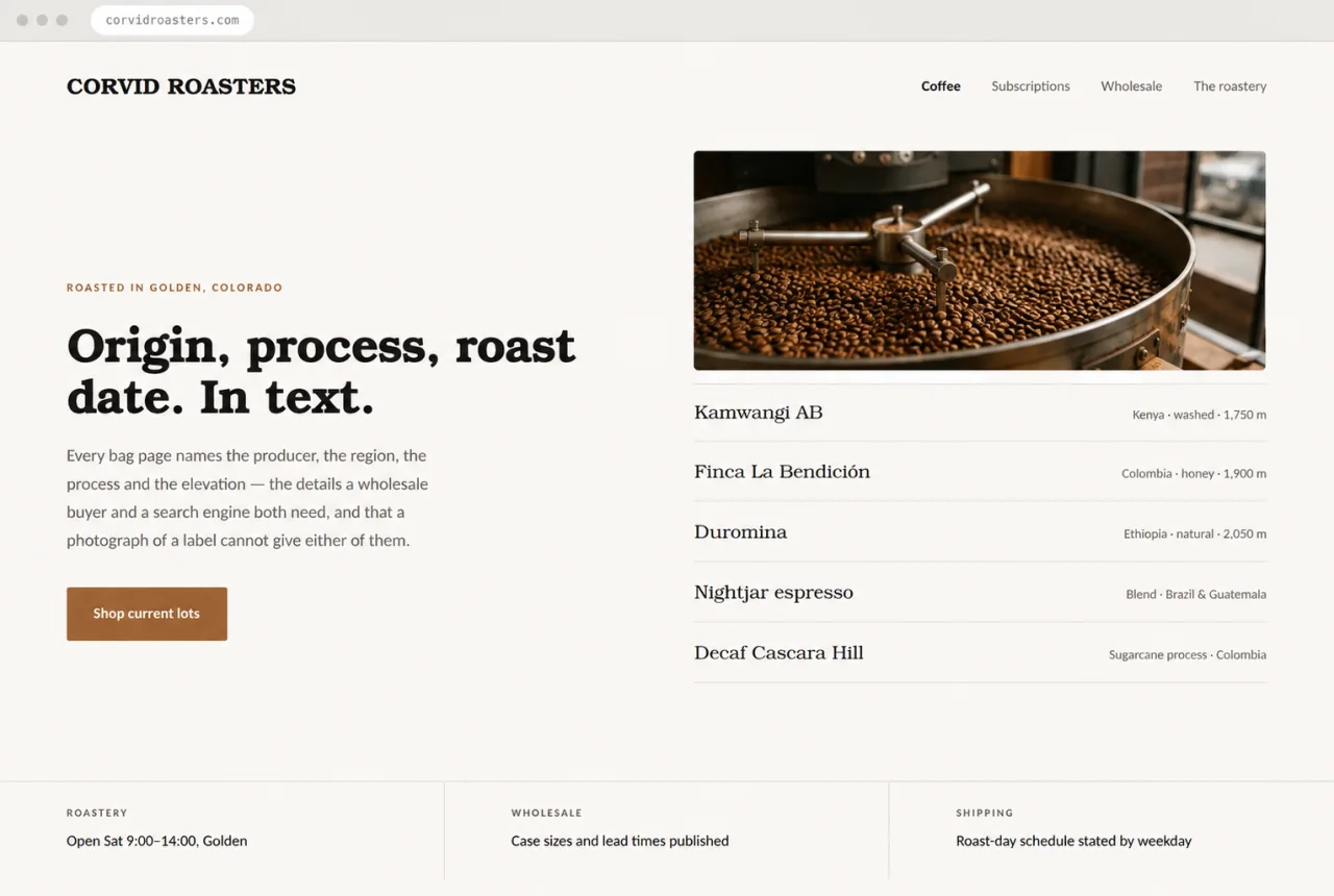Design mockup of a coffee roaster website with freshly roasted beans in a cooling tray, the headline “Origin, process, roast date. In text.”, and a readable list of current coffee lots.