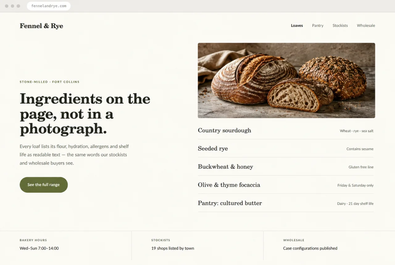 Design mockup of a bakery website with artisan sourdough loaves, the headline “Ingredients on the page, not in a photograph”, and a readable list of flours, allergens and stockists.