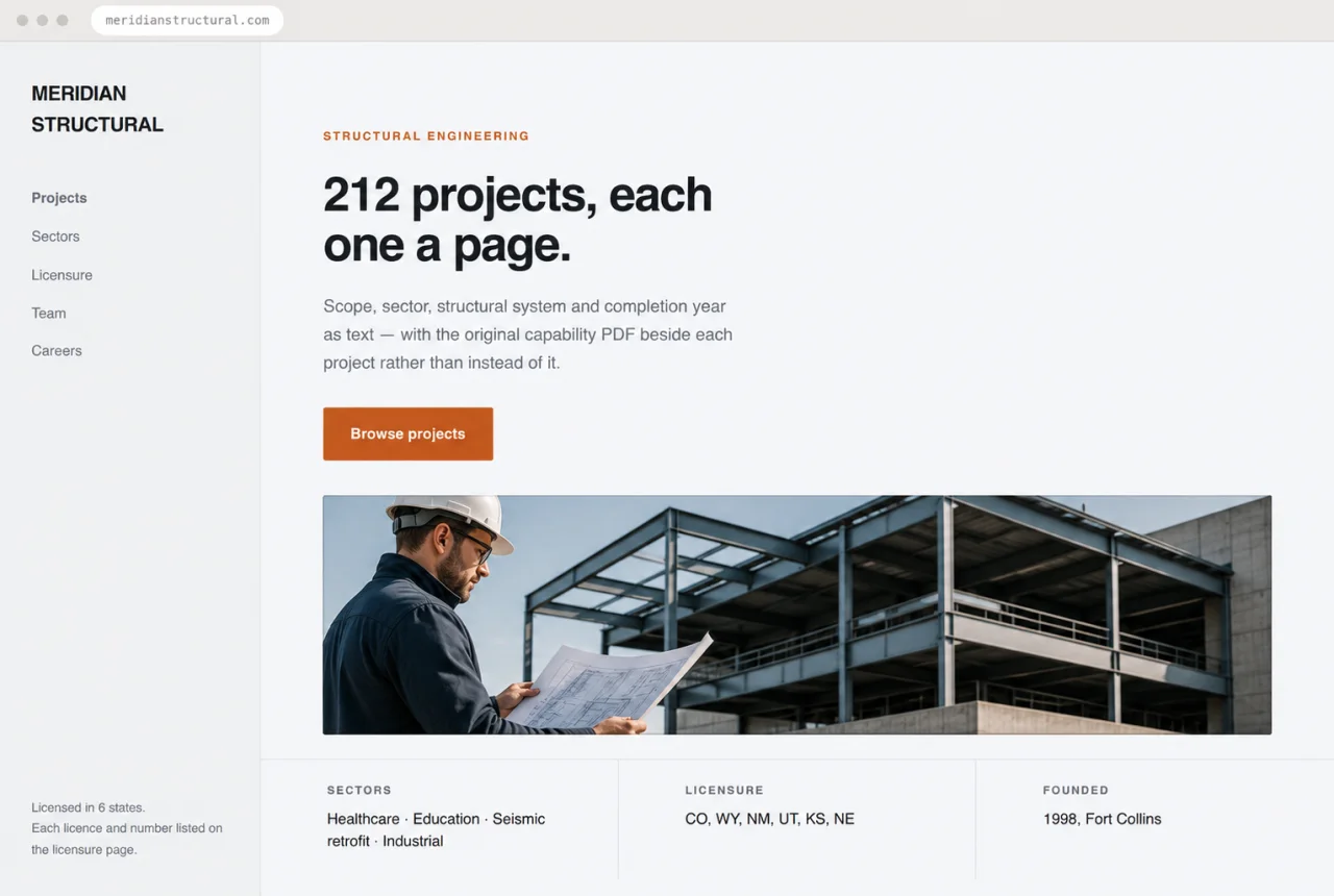 Design mockup of a structural engineering website with an engineer reviewing plans beside a steel structure, the headline “212 projects, each one a page”, and visible licensure details.