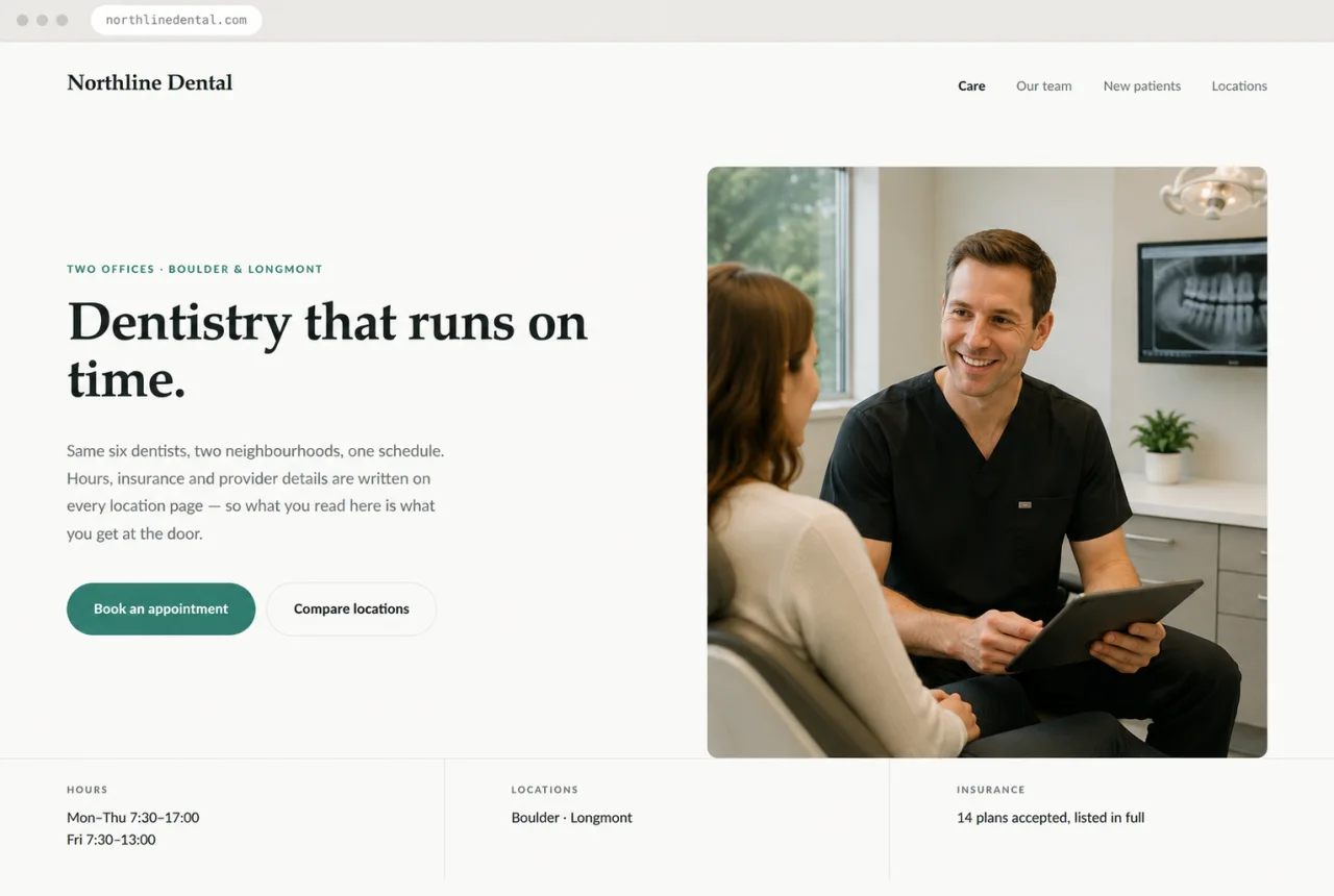 Illustrative Northline Dental website interface with calm blue typography and a welcoming patient-focused layout