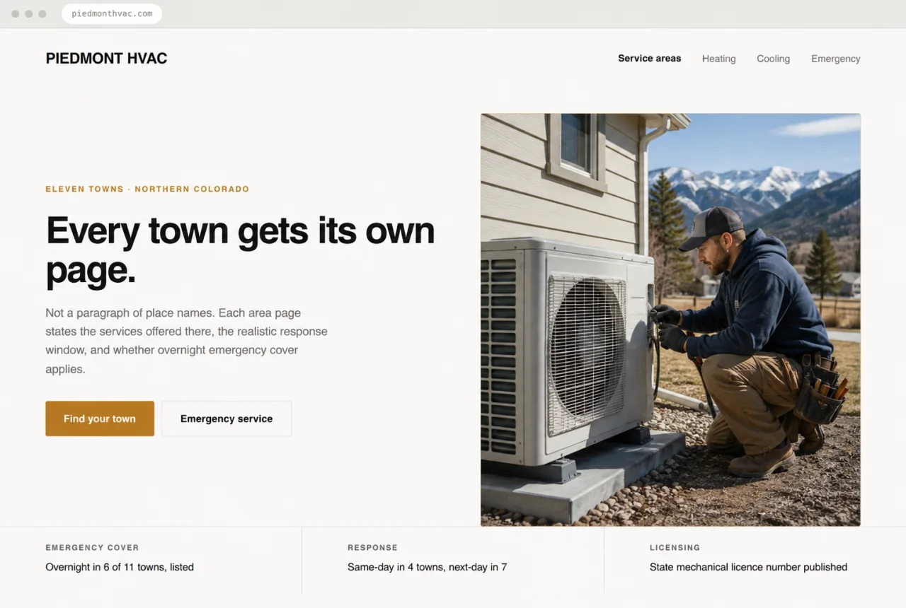 Design mockup of an HVAC contractor website with a technician servicing a heat pump, the headline “Every town gets its own page”, and visible emergency coverage and licensing details.
