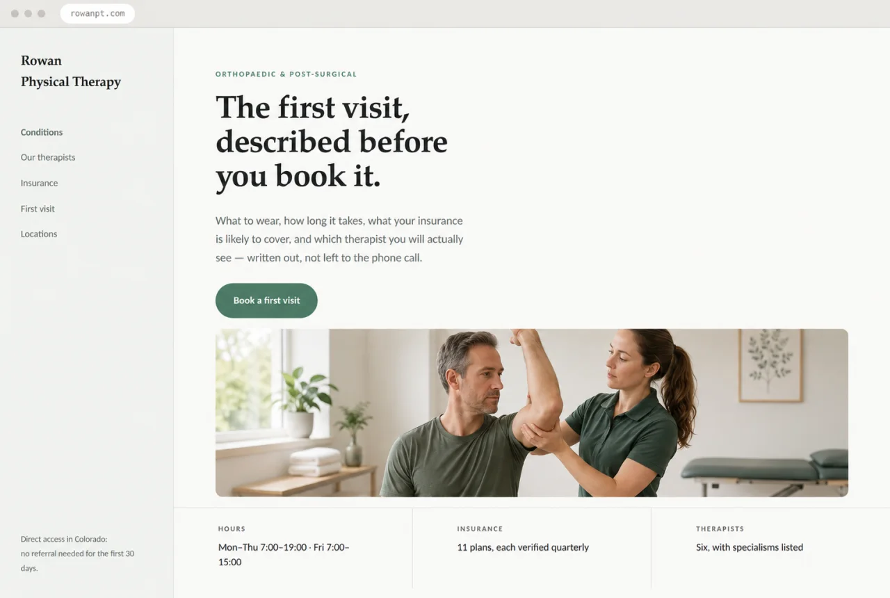 Design mockup of a physical therapy website with a therapist guiding a shoulder exercise, the headline “The first visit, described before you book it”, and visible hours and insurance details.