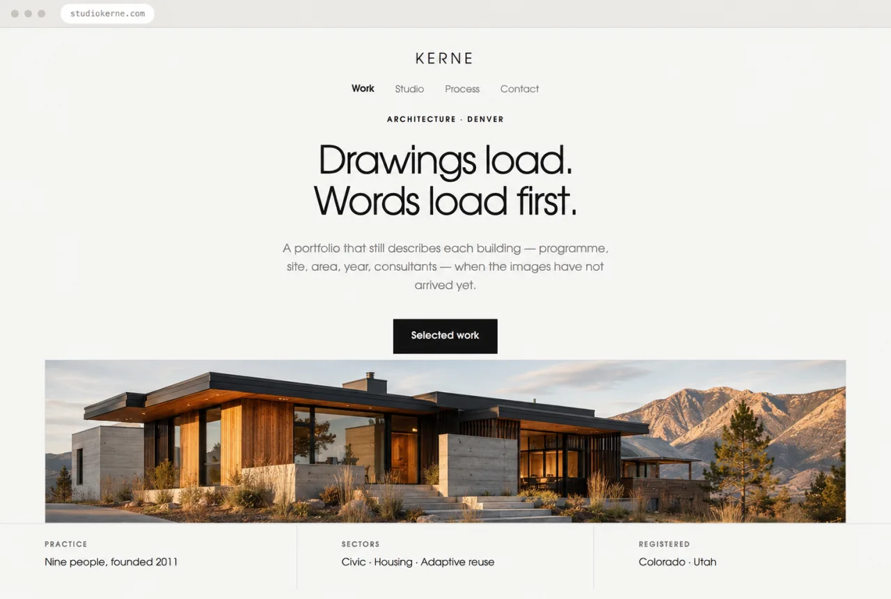 Design mockup of an architecture studio website with a contemporary timber and concrete Colorado house, the headline “Drawings load. Words load first.”, and visible practice details.